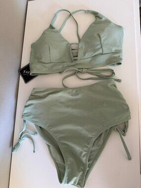 NWT Zaful Sage Green High Waisted Cutout Bikini Set Size Small